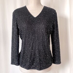CLASSIC CREATIONS Vintage Black Beaded V-Neck Dress Blouse Women’s M